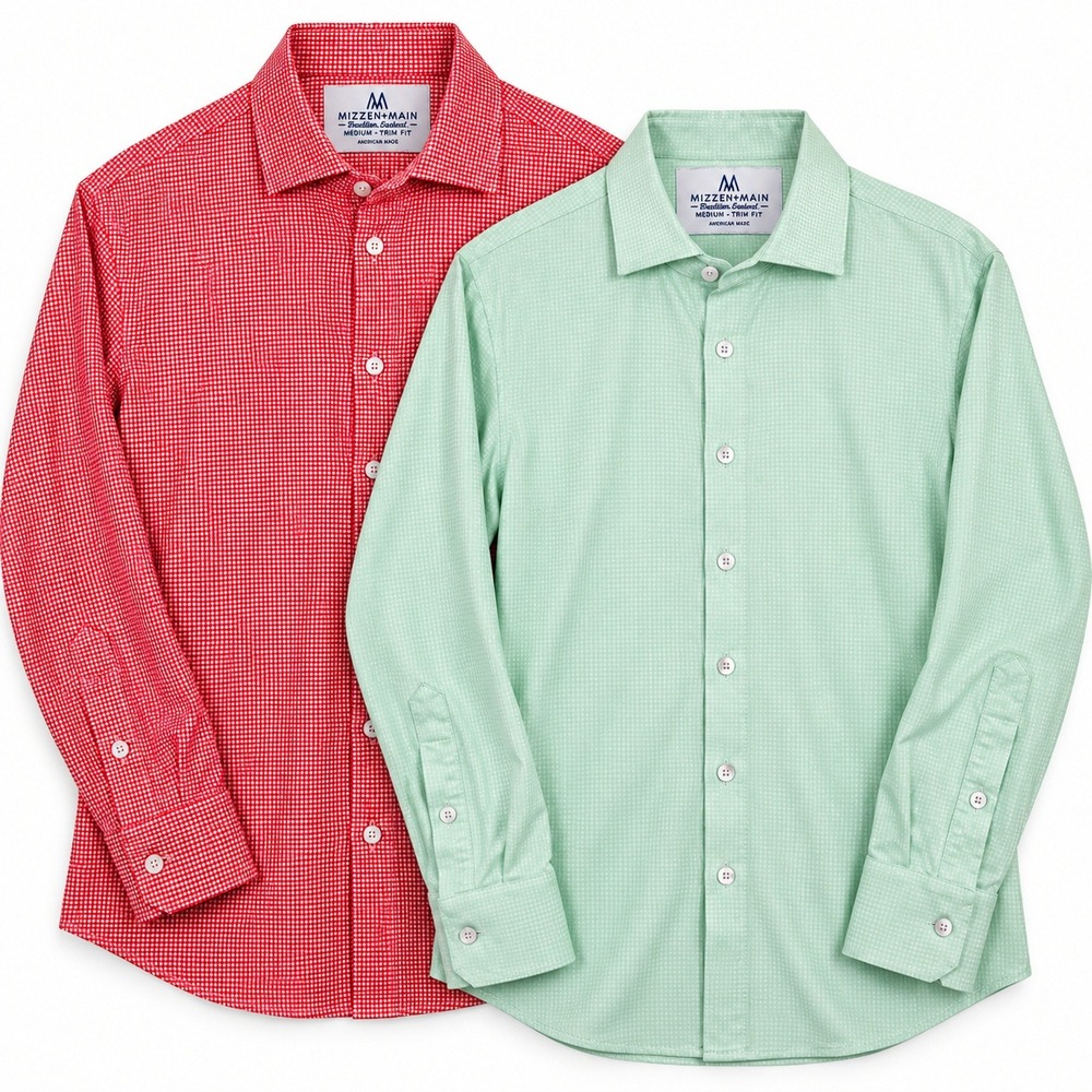Mizzen+Main Trim Fit Shirts Mens M Red Green Gingham Performance USA Made Lot 2